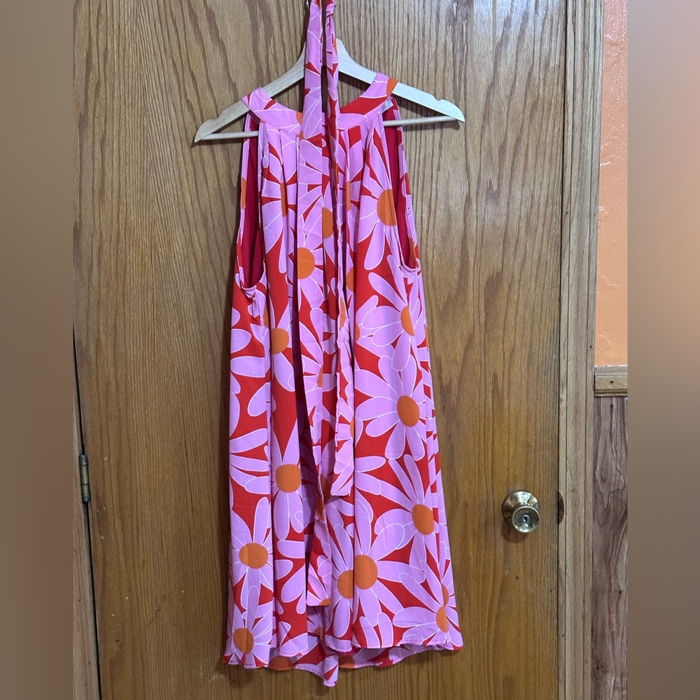 Kirundo sz Large‎ Pink & Red Floral Halter Dress with Orange Centers Daisy
